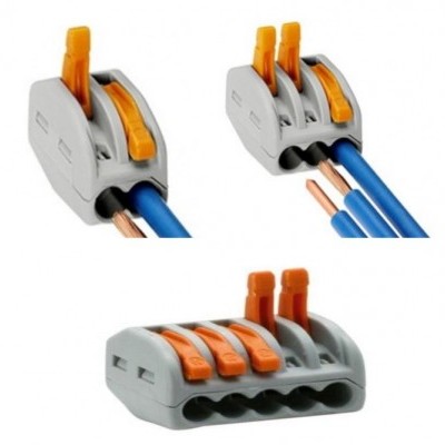 Conectores elétricos em plástico cinzento com alavancas laranja e fios azuis e cobre