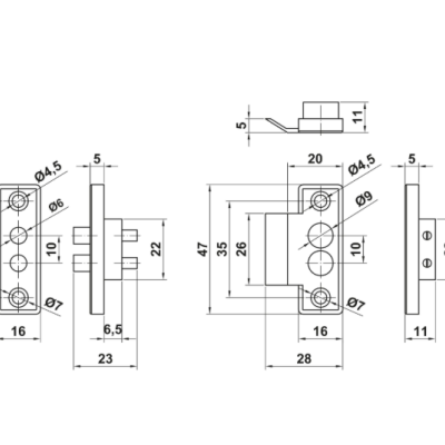 Desenho técnico a preto e branco de peça metálica para fechadura com medidas e símbolos