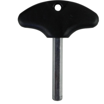 Chave tipo T preta com haste metálica hexagonal prateada