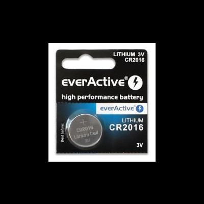 Pacote de bateria CR2016 everActive preta e azul com texto e símbolo de raio