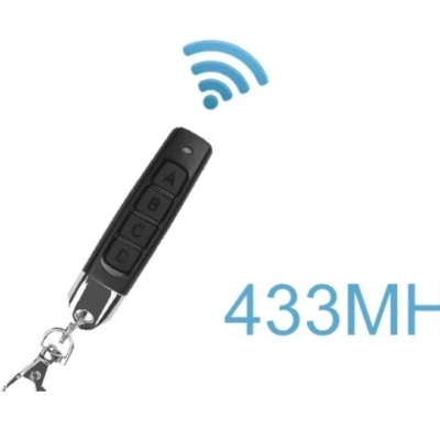 Comando remoto preto com botões A, B, C, D e texto 433MHz