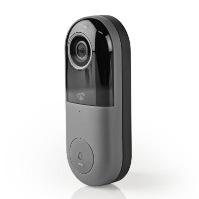 Campainha eletrónica com câmara preto e cinzento com botão e símbolo de sino