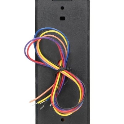 Suporte preto retangular com fios de várias cores enrolados