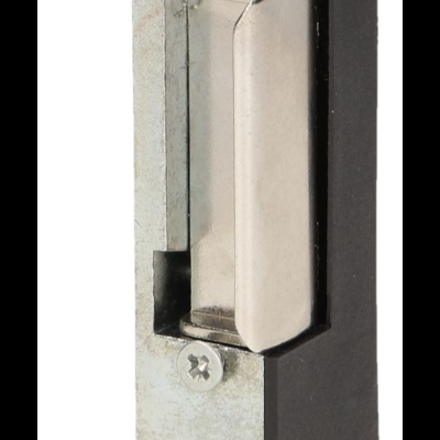 Fecho elétrico metálico prateado e preto com parafusos visíveis.