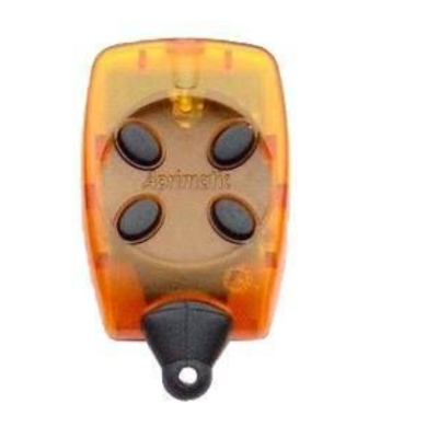 Comando remoto laranja com quatro botões pretos e texto aprimatic