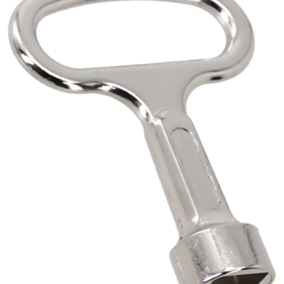 Chave metálica prateada com punho oval e cabeça quadrada