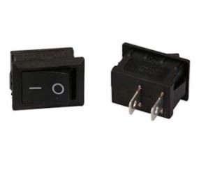 Dois interruptores elétricos pretos com símbolos branco e terminais metálicos