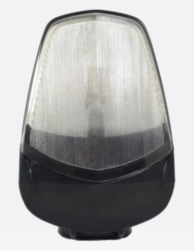 Luz de bicicleta preta com lente transparente e estriada