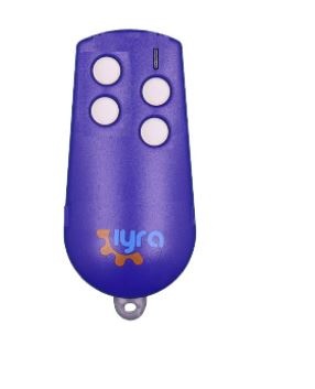 Comando remoto roxo com quatro botões brancos e logotipo Siyra