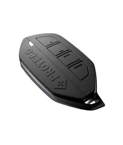 Comando remoto preto com três botões e inscrição PROTEG