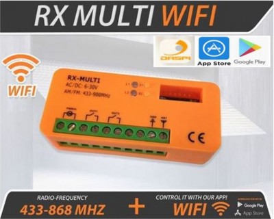 Recetor RX-MULTI rádio-frequência laranja com texto AC/DC 6-30V e AM/FM 433-900MHZ
