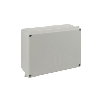 Caixa elétrica cinzenta retangular de plástico com parafusos nas extremidades
