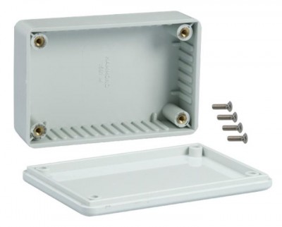 Caixa de junção elétrica cinza com tampa removível e parafusos.