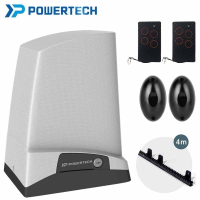Kit de portão automatizado POWERTECH com comandos, sensores e peça dentada.