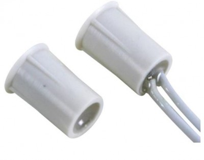 Conectores elétricos cilíndricos brancos, um com fios e outro sem fios