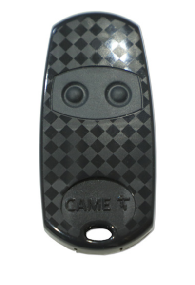 Comando remoto preto com padrão xadrez e dois botões