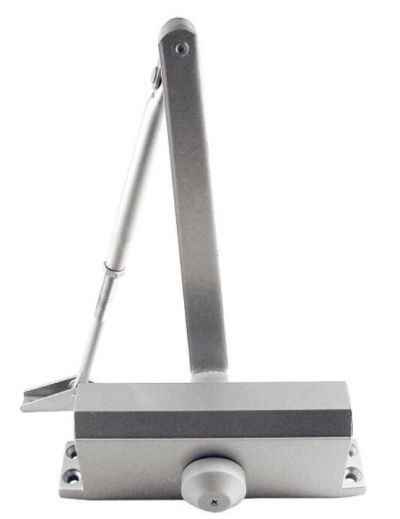 Fecho hidráulico para porta metálico prateado com alavanca articulada e base com furação