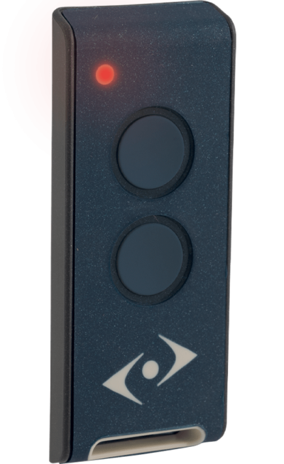 Comando remoto preto com dois botões e LED vermelho