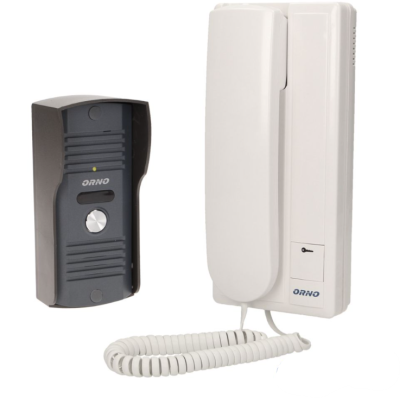 Intercomunicador preto e branco com botão e auscultador