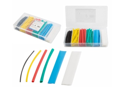 Conjunto de tubos termorretráteis coloridos em caixa plástica transparente