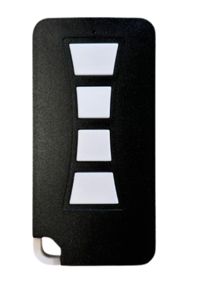 Comando remoto preto com botões brancos trapezoidais