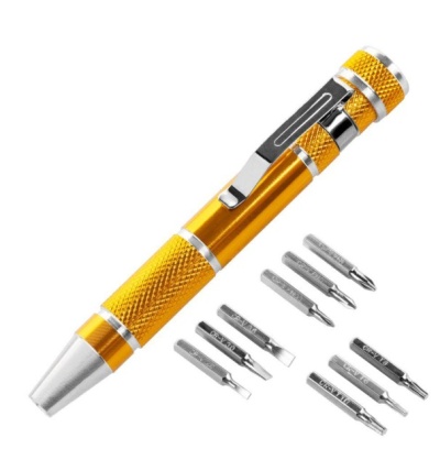 Conjunto de ferramenta tipo caneta dourada com 8 pontas metálicas distintas