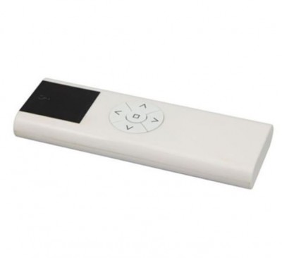 Comando remoto branco com botões circulares e secção preta