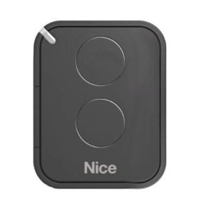 Comando remoto preto com dois botões circulares e texto Nice