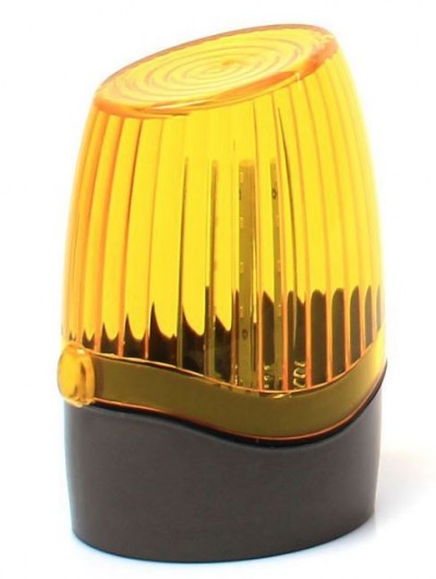 Luz de aviso amarela com base preta e cúpula de plástico estriada