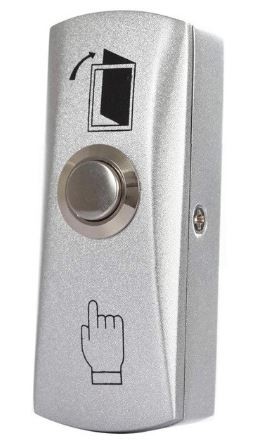 Campainha metálica prateada com botão e ícones a preto