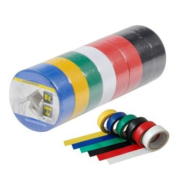Oito rolos coloridos de fita elétrica em embalagem plástica
