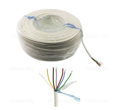 Bobina de cabo elétrico branco com fios coloridos expostos
