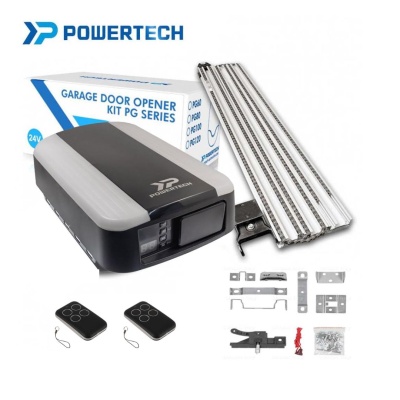 Kit de abertura para porta de garagem POWERTECH com motor, comandos, ferragens e guia de porta.