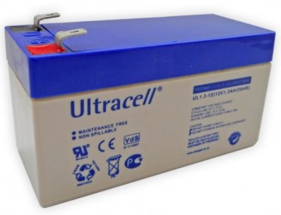 Bateria Ultracell cinza com tampa azul selada, livre de manutenção