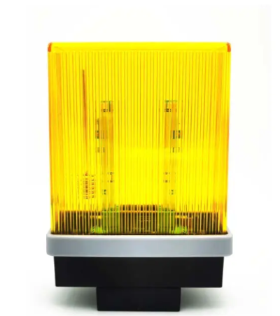 Sinal luminoso de segurança amarelo com duas lâmpadas, base preta e branca