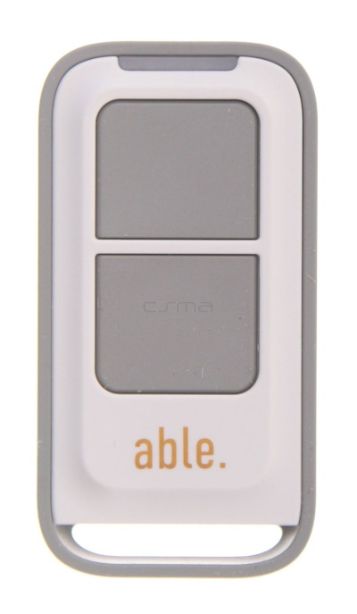 Telecomando portátil branco e cinza com teclas cinza e texto able.