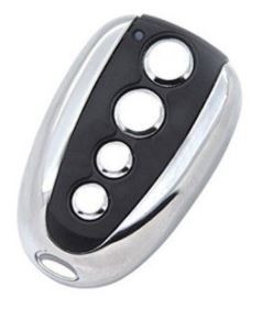 Comando remoto prateado com 4 botões pretos