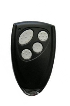 Comando remoto preto com quatro botões ovais cinzentos