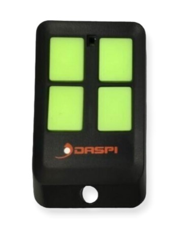 Comando remoto preto com quatro botões verdes e logo DA SPI
