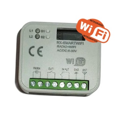 Dispositivo RX-SMARTWIFI cinza com terminal verde de parafusos e etiqueta WiFi integrada
