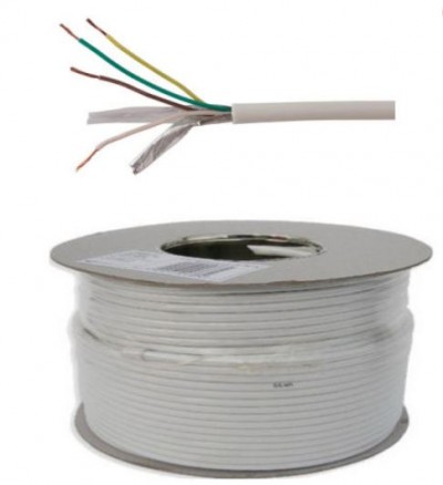 Rolo de cabo elétrico branco com fios coloridos expostos