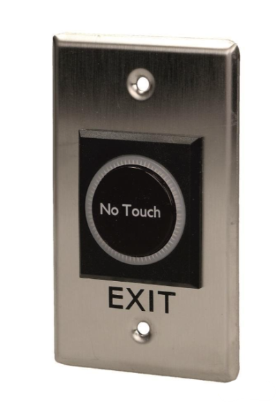 Interruptor de saída com botão 'No Touch' e texto 'EXIT' em placa metálica prateada.