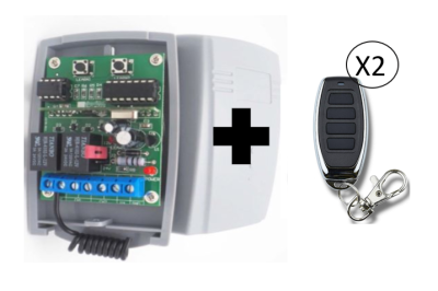 Placa eletrónica dentro de caixa cinzenta aberta e dois comandos à distância pretos com botões