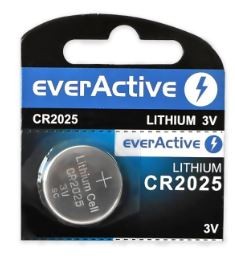 Bateria de lítio everActive CR2025 3V na embalagem preta e azul