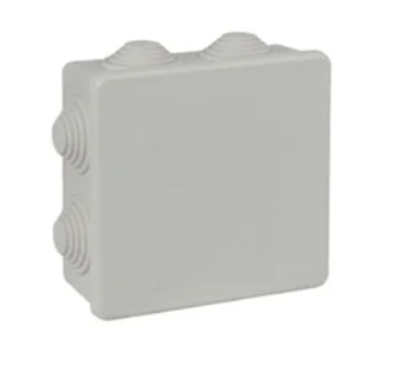 Caixa de junção elétrica em plástico cinzento com tampas arredondadas e acabamento liso