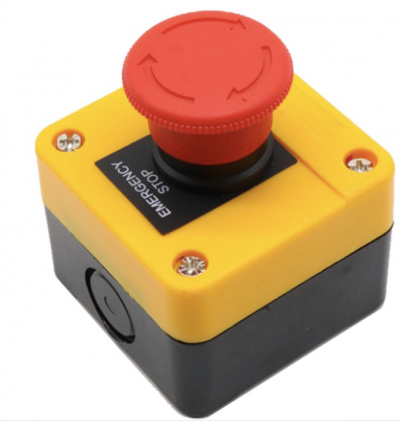 Botão de emergência de plástico com botão vermelho e base preta e amarela