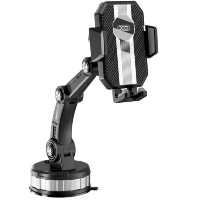 Suporte para telemóvel com base redonda e braço ajustável, cor preta com detalhes em branco e cinzento.