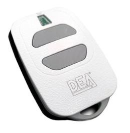 Comando para portão de garagem branco com duas teclas cinzentas e inscrição DEA