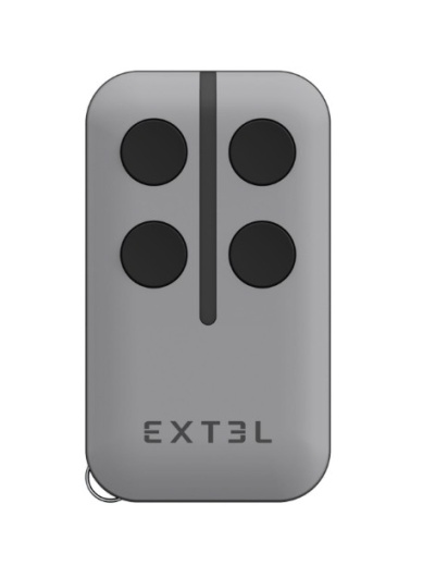 Comando remoto cinzento com quatro botões negros e texto EXTEL.