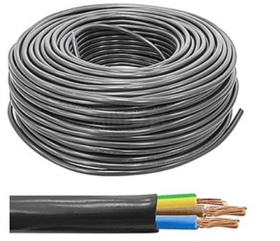 Bobina de cabo elétrico preto com fios internos amarelo, azul e castanho expostos